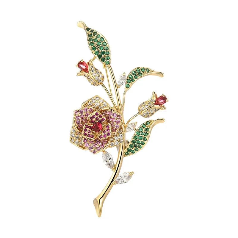 Luxury Copper Micro Inlaid Cubic Zirconia Rose Brooch Jewelry Gifts