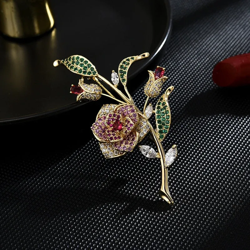 Luxury Copper Micro Inlaid Cubic Zirconia Rose Brooch Jewelry Gifts