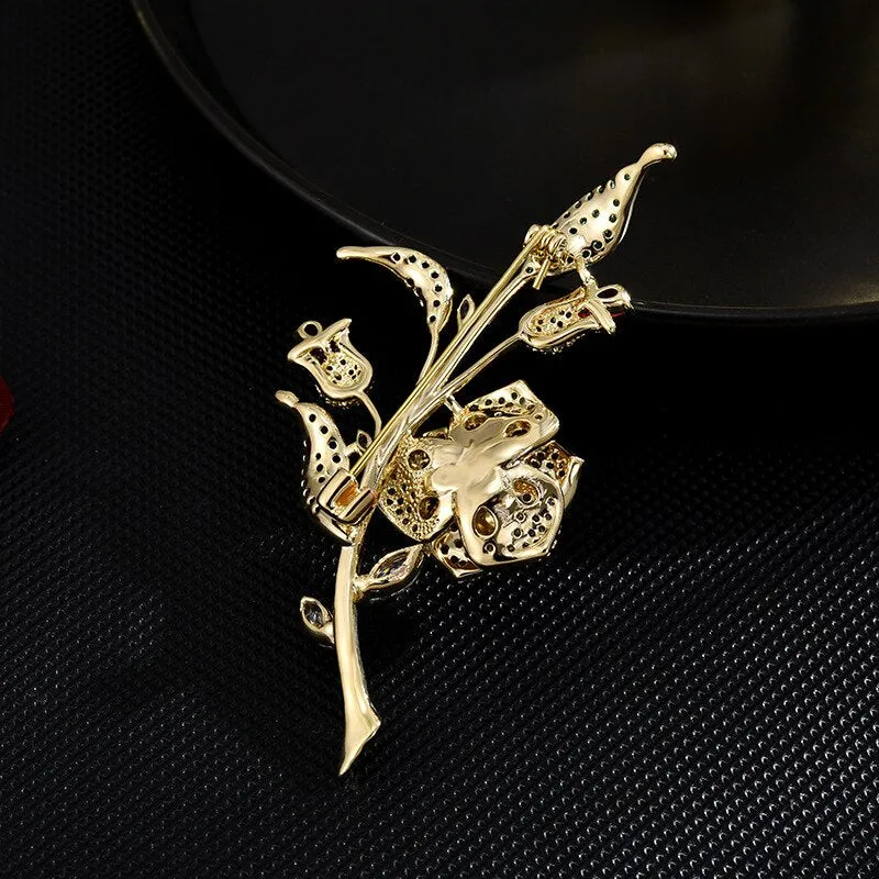 Luxury Copper Micro Inlaid Cubic Zirconia Rose Brooch Jewelry Gifts