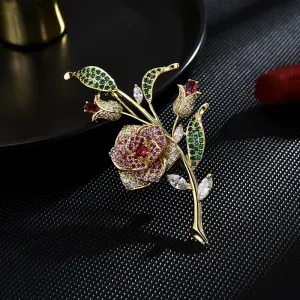 Luxury Copper Micro Inlaid Cubic Zirconia Rose Brooch Jewelry Gifts