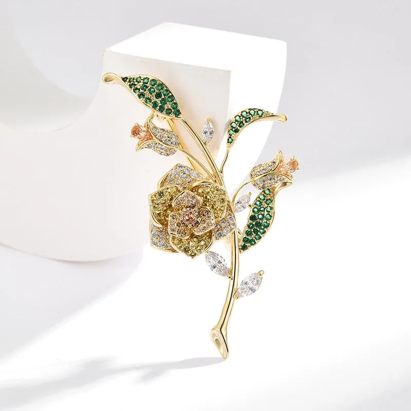 Luxury Copper Micro Inlaid Cubic Zirconia Rose Brooch Jewelry Gifts