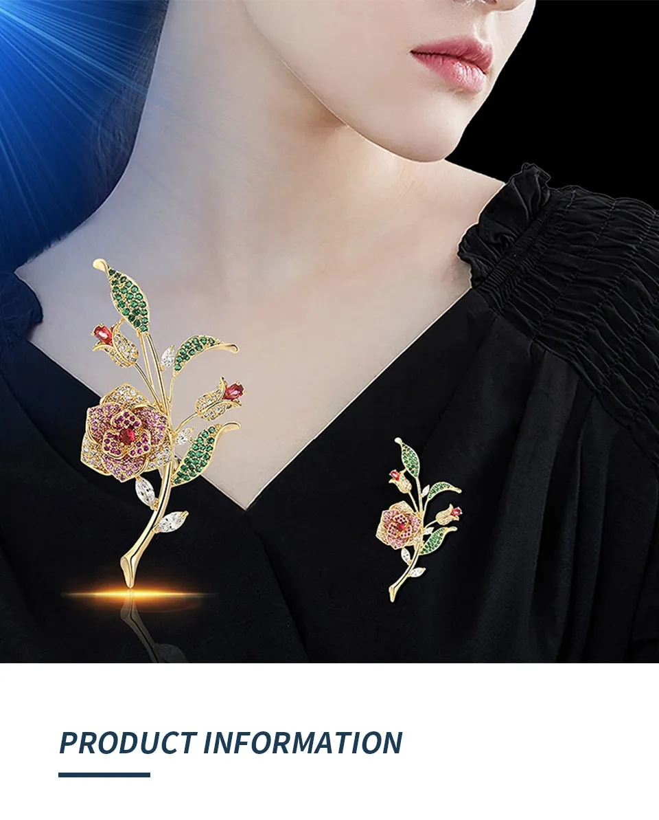 Luxury Copper Micro Inlaid Cubic Zirconia Rose Brooch Jewelry Gifts