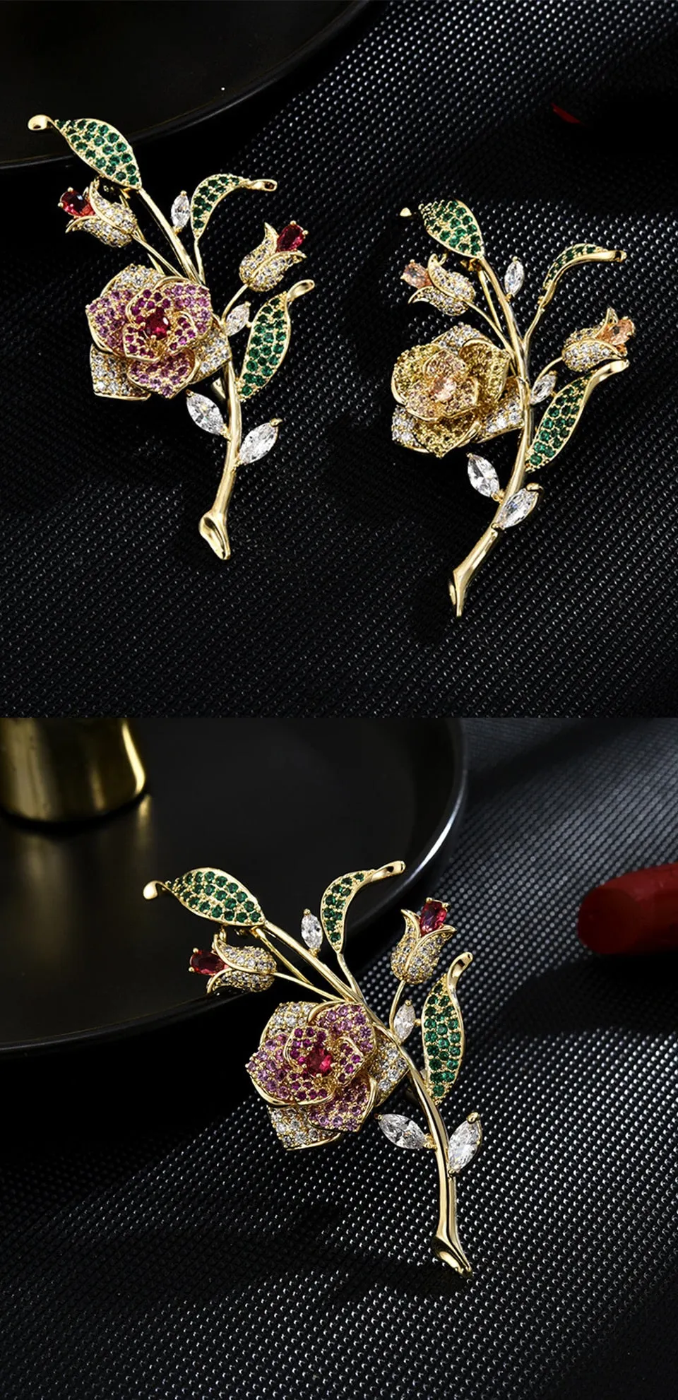 Luxury Copper Micro Inlaid Cubic Zirconia Rose Brooch Jewelry Gifts