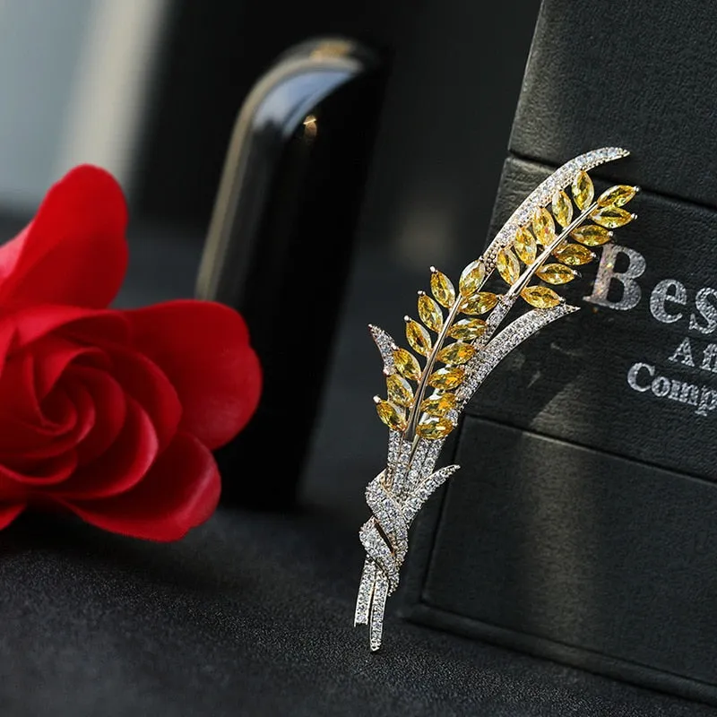 Luxury Cubic Zircon Wheat Ear Brooch Collar Pins For Suit Shining Women
