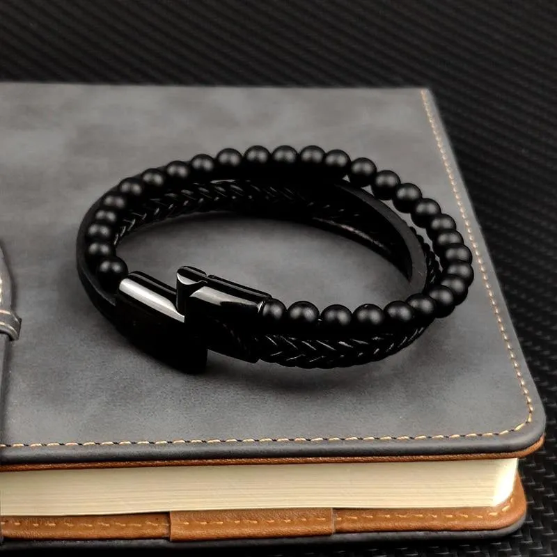Men's Fine Multi-Layered Leather Beaded Bracelet