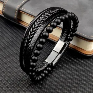 Men's Fine Multi-Layered Leather Beaded Bracelet