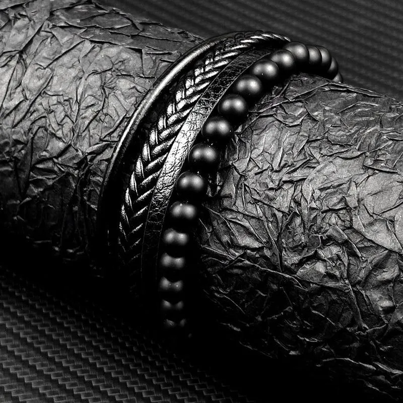 Men's Fine Multi-Layered Leather Beaded Bracelet