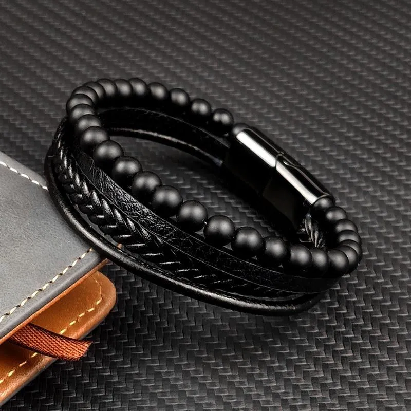 Men's Fine Multi-Layered Leather Beaded Bracelet