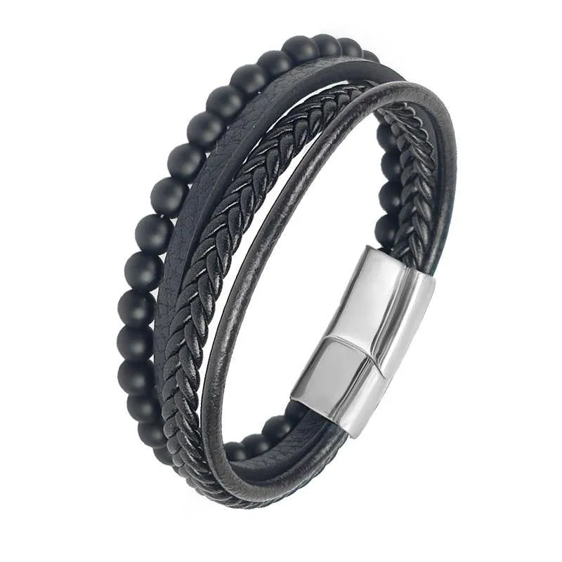 Men's Fine Multi-Layered Leather Beaded Bracelet
