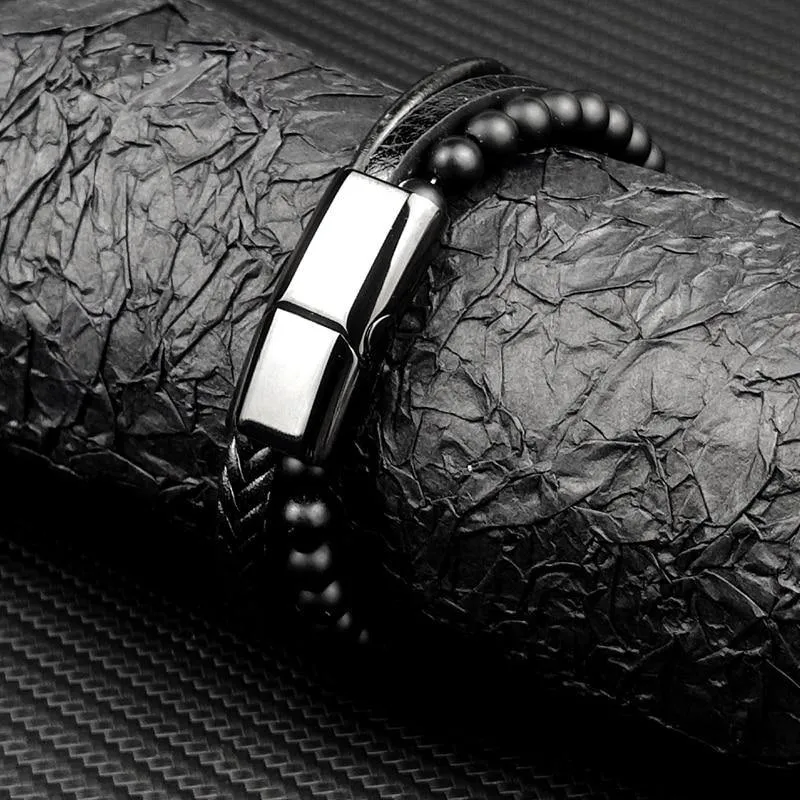 Men's Fine Multi-Layered Leather Beaded Bracelet
