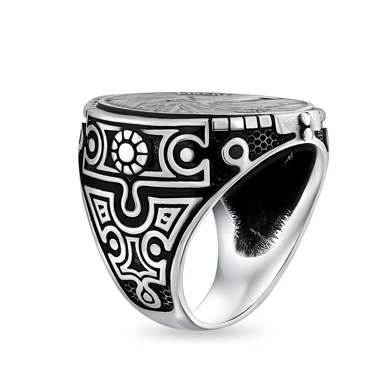 Mens Silver Ring with Patriotic USA Eagle Head Coin Design Oxidized .925 Sterling