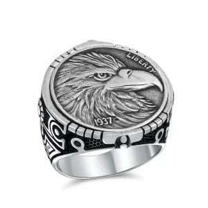 Mens Silver Ring with Patriotic USA Eagle Head Coin Design Oxidized .925 Sterling