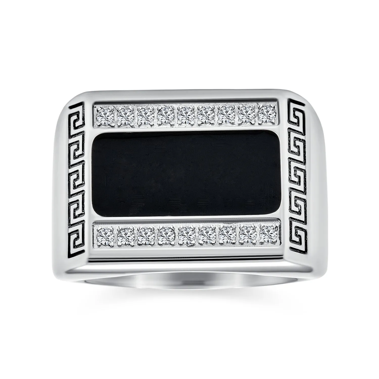 Mens Stainless Steel Geometric Greek CZ Accent Black Rectangle Signet Ring Silver Tone