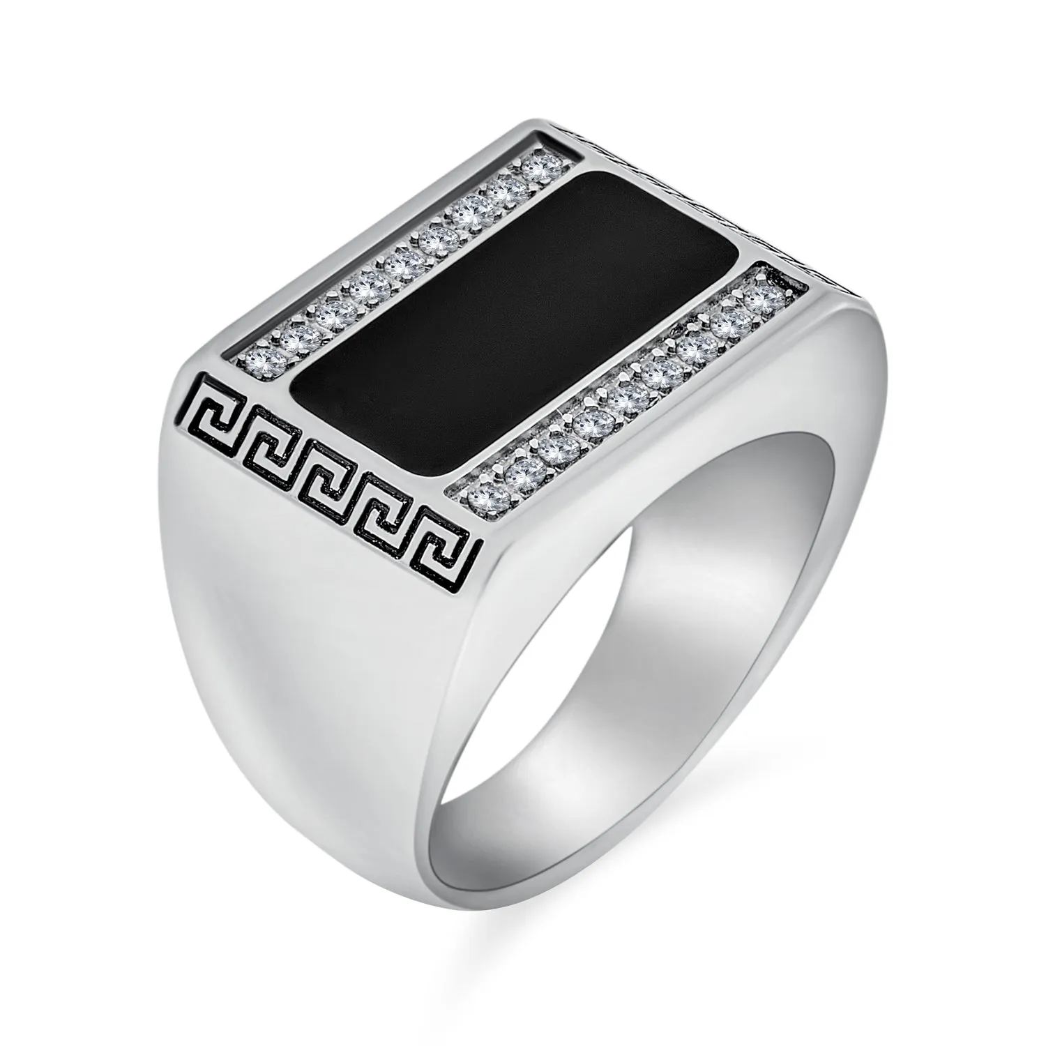 Mens Stainless Steel Geometric Greek CZ Accent Black Rectangle Signet Ring Silver Tone