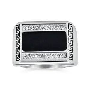 Mens Stainless Steel Geometric Greek CZ Accent Black Rectangle Signet Ring Silver Tone