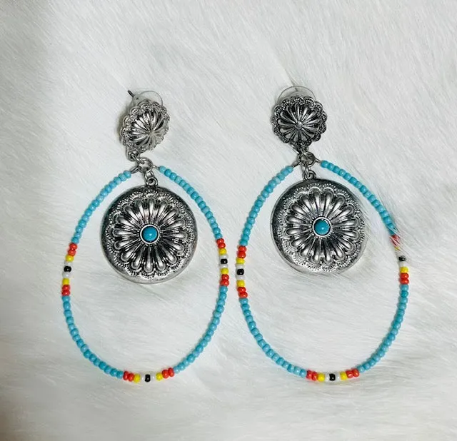 Native American Seed Bead Concho Hoops with Stud Back Earrings