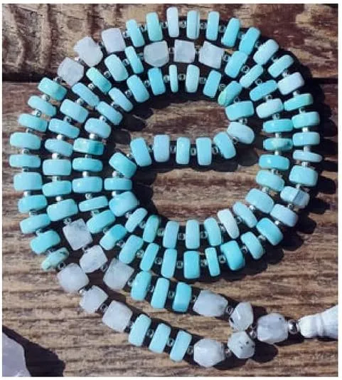 Natural Blue Opal, Moonstone 8x6mm-8mm 108 Mala Beads, Spiritual, Meditation Beads, Reiki, Japa Mala, Buddhist Prayer Beads, Yoga Bracelet, healing beads LKMALA-RRGU-3747
