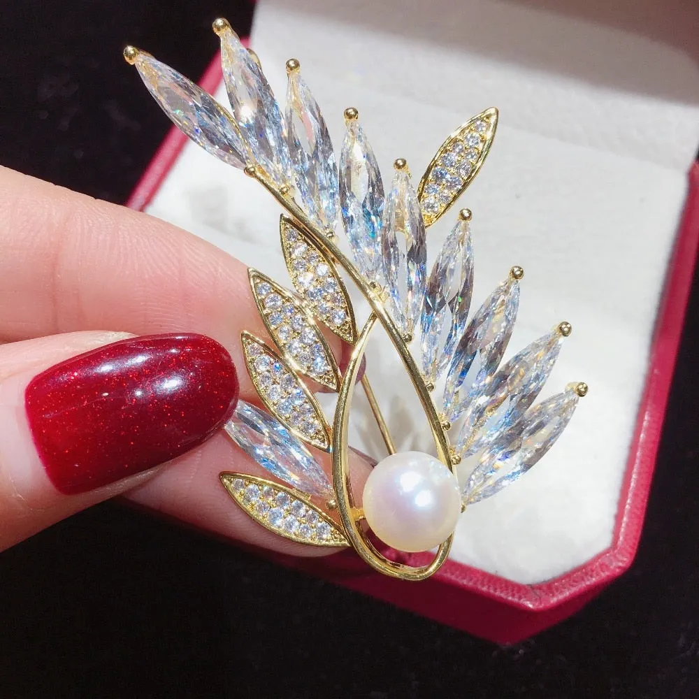 Natural Freshwater Pearl Brooch Austria Crystals Gold Creative Brooch