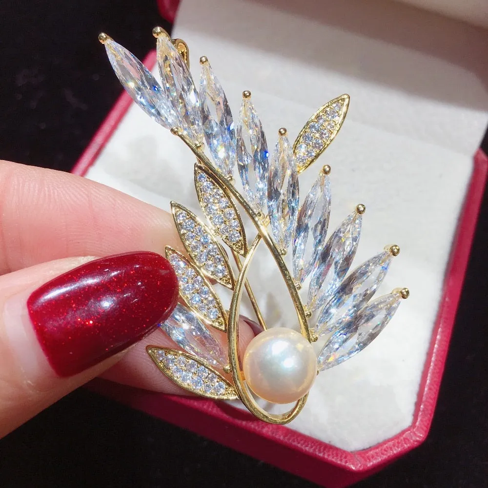 Natural Freshwater Pearl Brooch Austria Crystals Gold Creative Brooch