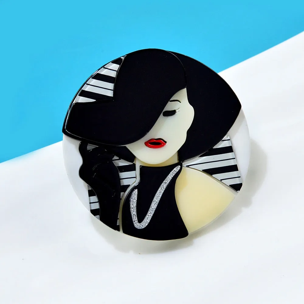 New Design Cartoon Modern Girl With Black Hat Brooches For Women