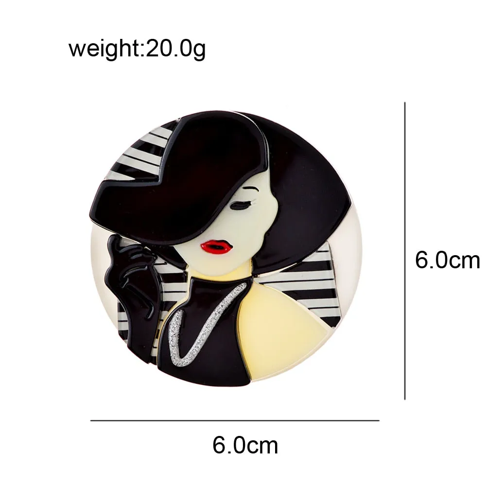New Design Cartoon Modern Girl With Black Hat Brooches For Women