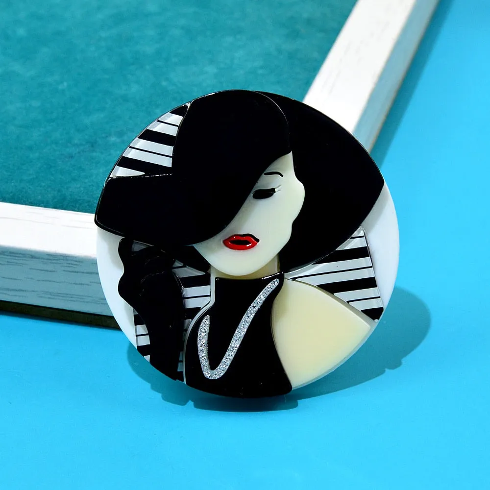 New Design Cartoon Modern Girl With Black Hat Brooches For Women