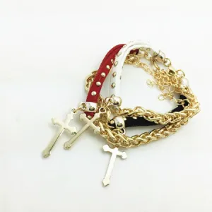 New Fashion 18K gold filled leather rope chain cross charm bracelets Valentine's Day gift for women