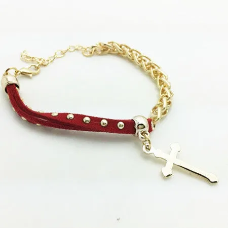 New Fashion 18K gold filled leather rope chain cross charm bracelets Valentine's Day gift for women