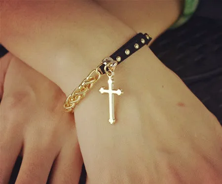 New Fashion 18K gold filled leather rope chain cross charm bracelets Valentine's Day gift for women