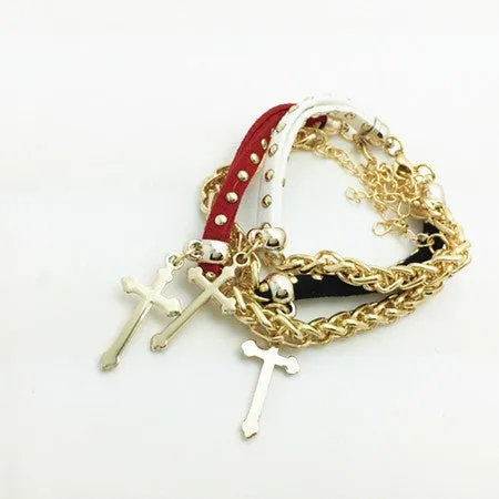 New Fashion 18K gold filled leather rope chain cross charm bracelets Valentine's Day gift for women