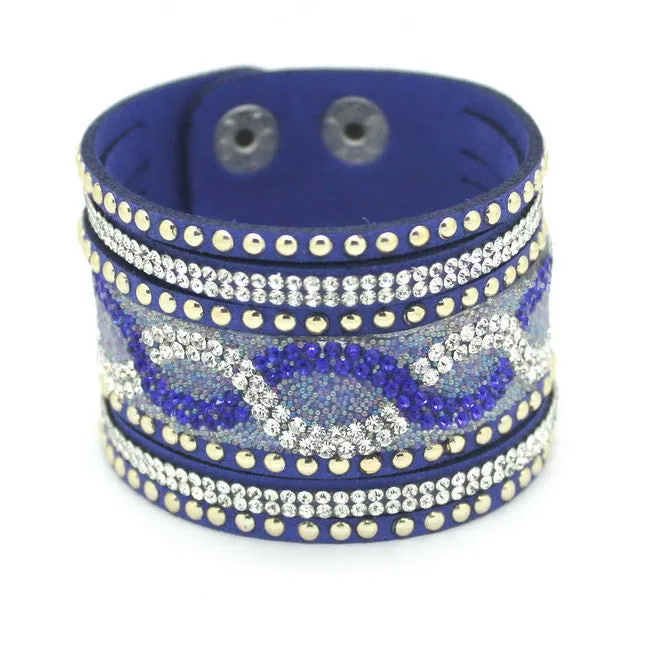 New Fashion Charm Women Leather Bracelets Personality Printed Pave Setting Rhinestone Bracelet