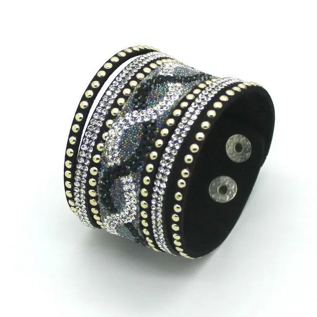 New Fashion Charm Women Leather Bracelets Personality Printed Pave Setting Rhinestone Bracelet