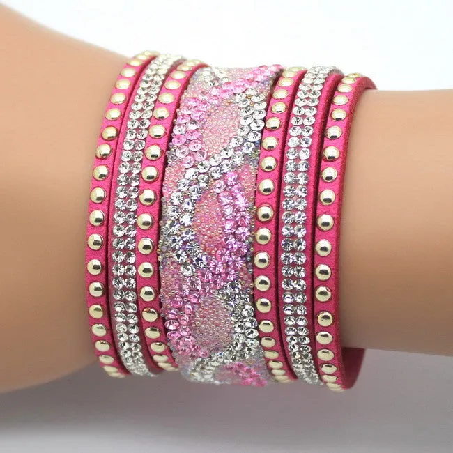 New Fashion Charm Women Leather Bracelets Personality Printed Pave Setting Rhinestone Bracelet