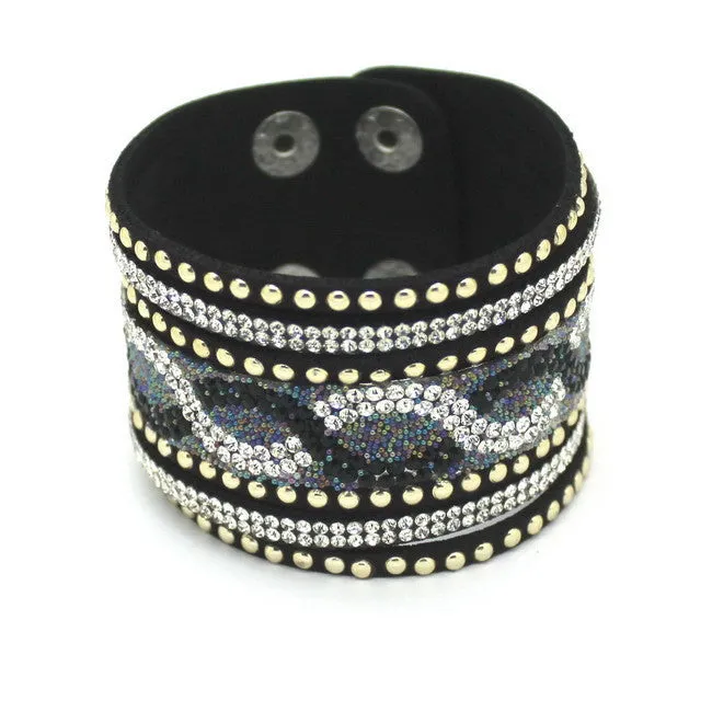 New Fashion Charm Women Leather Bracelets Personality Printed Pave Setting Rhinestone Bracelet
