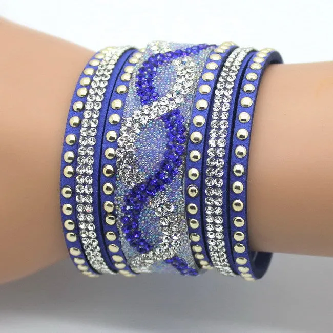 New Fashion Charm Women Leather Bracelets Personality Printed Pave Setting Rhinestone Bracelet
