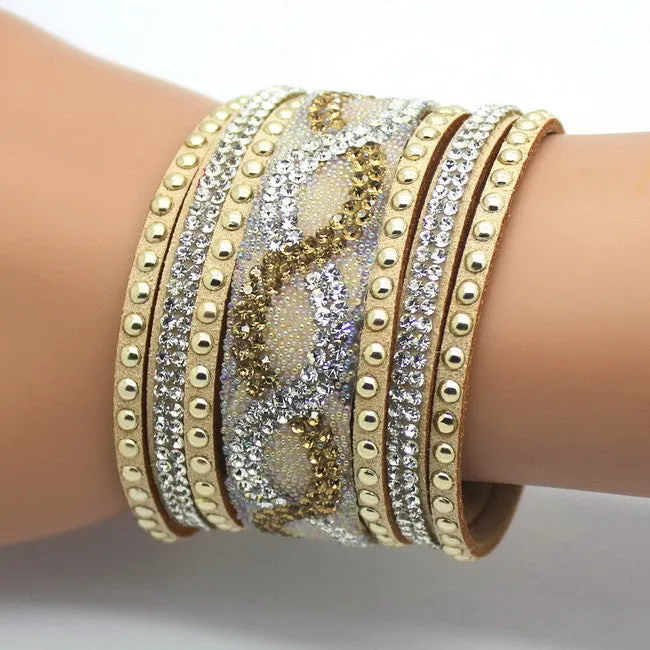New Fashion Charm Women Leather Bracelets Personality Printed Pave Setting Rhinestone Bracelet