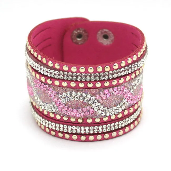 New Fashion Charm Women Leather Bracelets Personality Printed Pave Setting Rhinestone Bracelet
