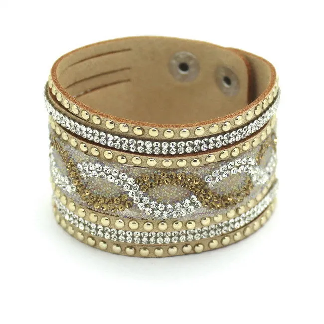 New Fashion Charm Women Leather Bracelets Personality Printed Pave Setting Rhinestone Bracelet