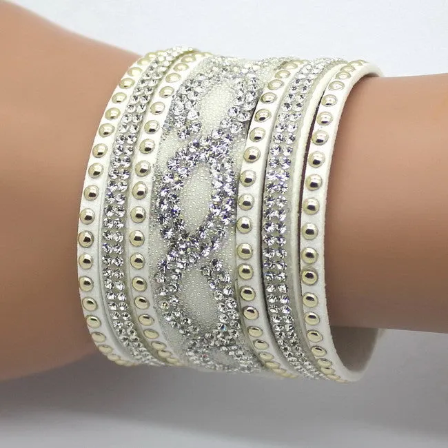 New Fashion Charm Women Leather Bracelets Personality Printed Pave Setting Rhinestone Bracelet