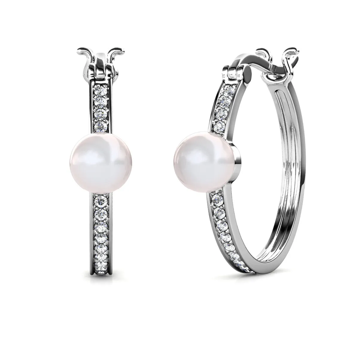 Nyla 18k White Gold Plated Pearl Hoop Earrings with Swarovski Crystals