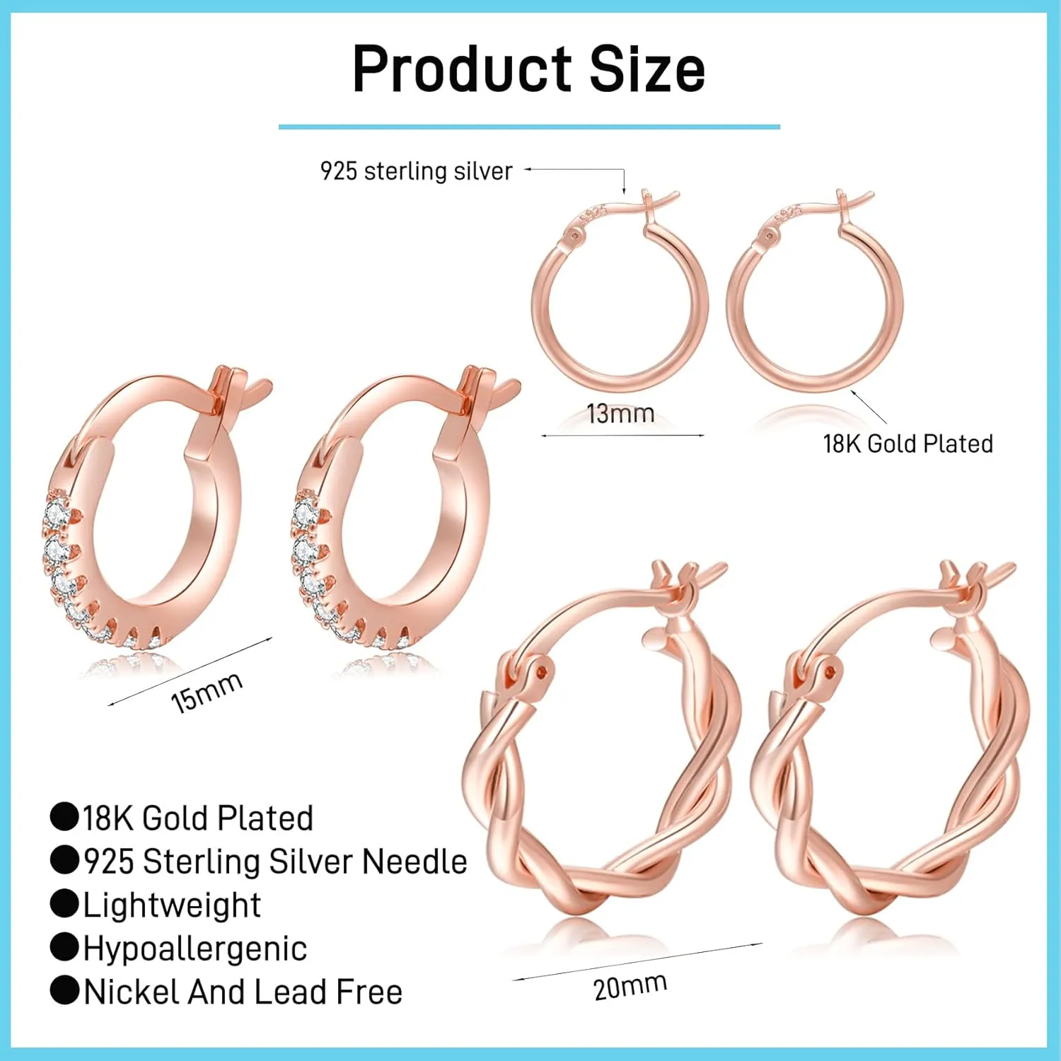 PABBEU Gold Hoop Earrings for Women Sterling Silver Post Small Gold Hoop Earrings 14k Real Gold Tiny Hypoallergenic Small Hoop Earrings Set for Women Men 13/15 /20mm