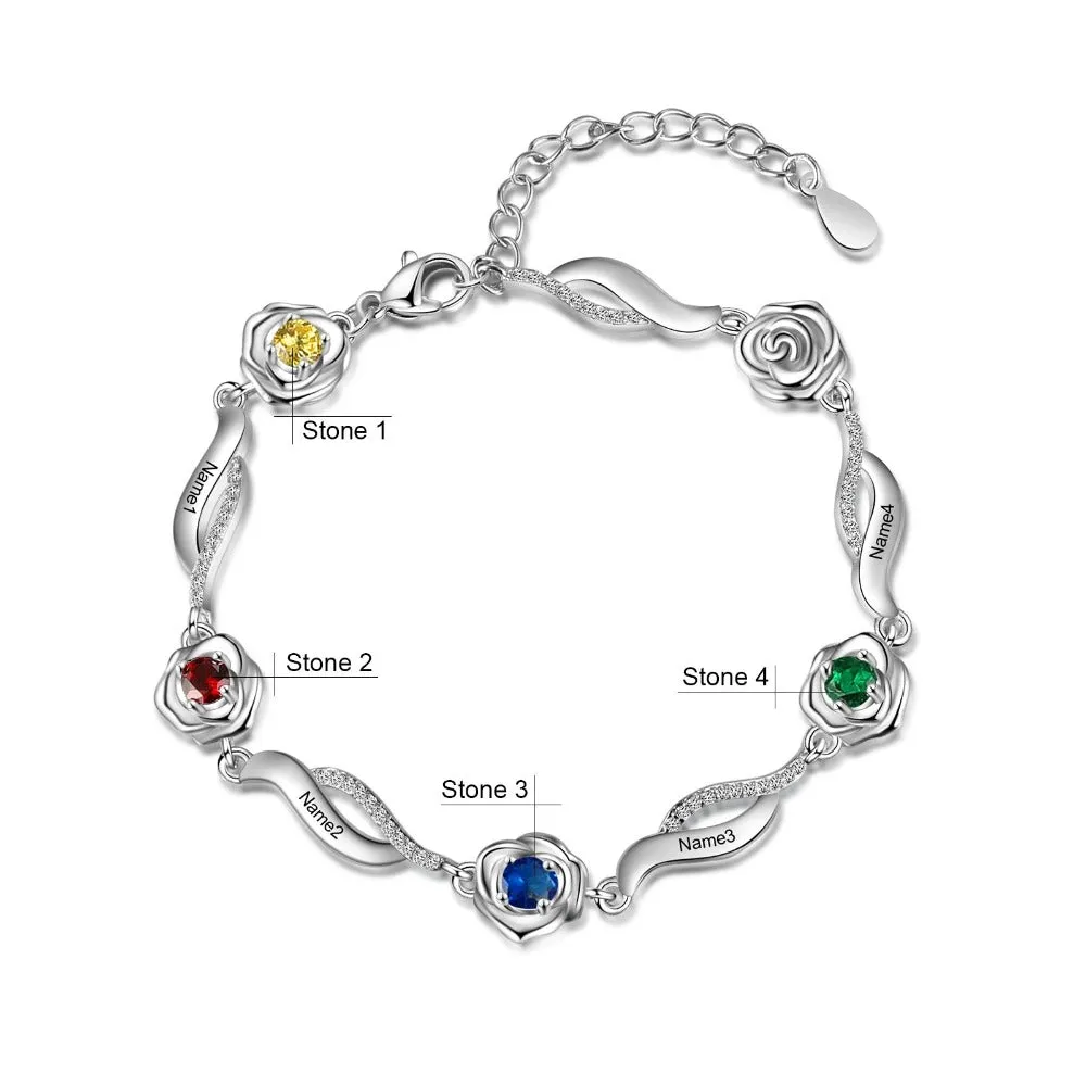 Personalized 4 Birthstones Flower Bracelets