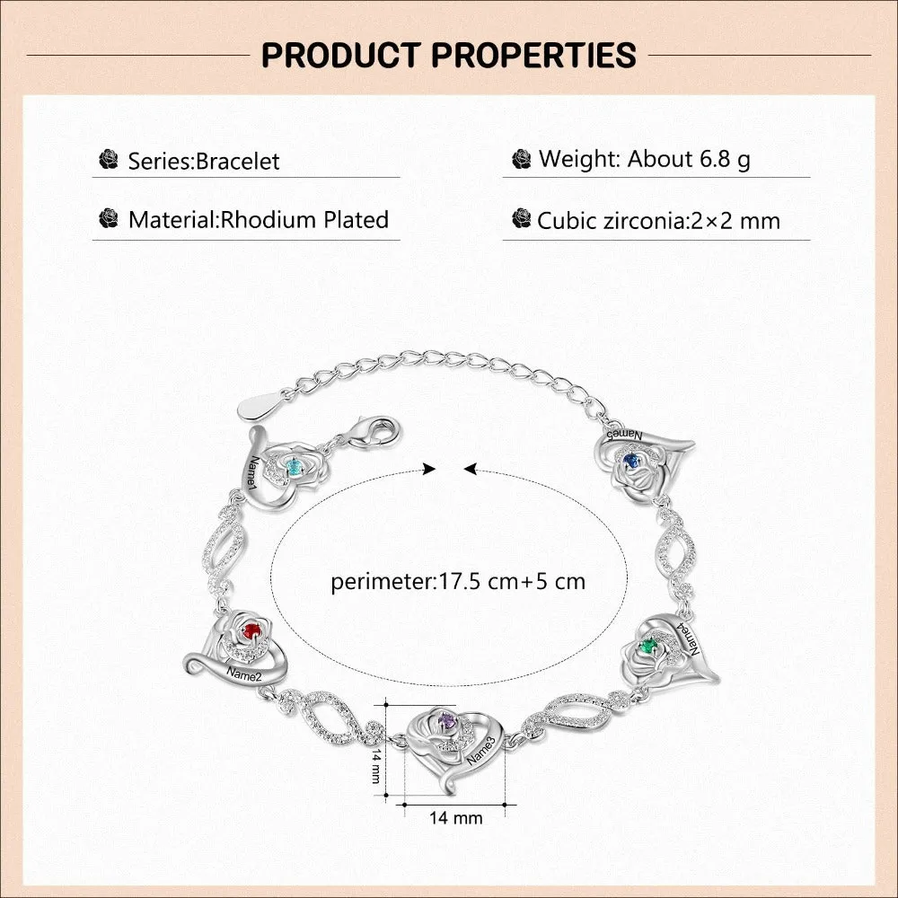 Personalized Cordate Chain Bracelets With 4 Birthstones
