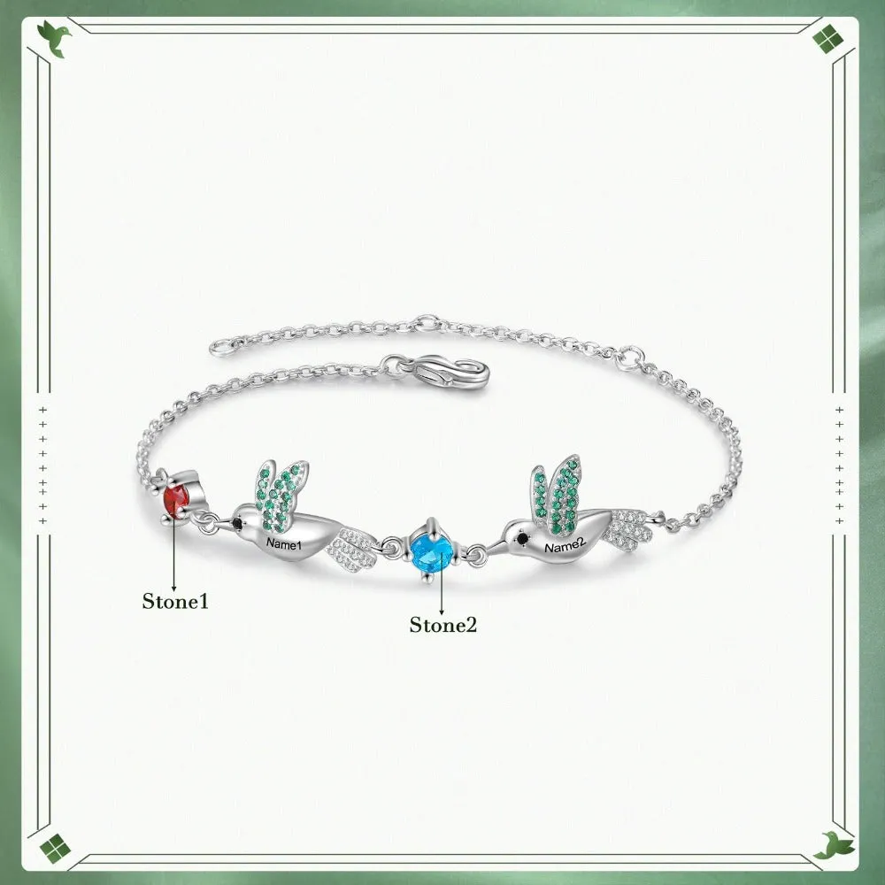 Personalized Hummingbird With 2 Birthstones Bracelets For Women