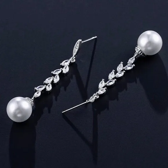 "Ursula" - Pearl and Cubic Zirconia Bridal Earrings - Available in Silver and Rose Gold