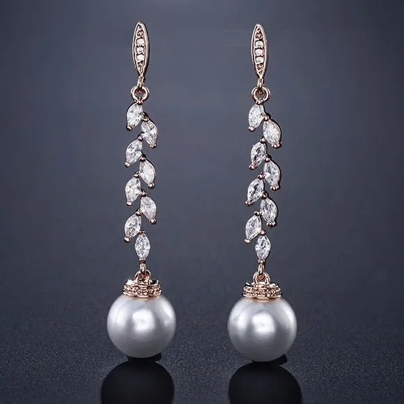 "Ursula" - Pearl and Cubic Zirconia Bridal Earrings - Available in Silver and Rose Gold