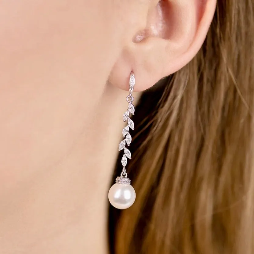 "Ursula" - Pearl and Cubic Zirconia Bridal Earrings - Available in Silver and Rose Gold