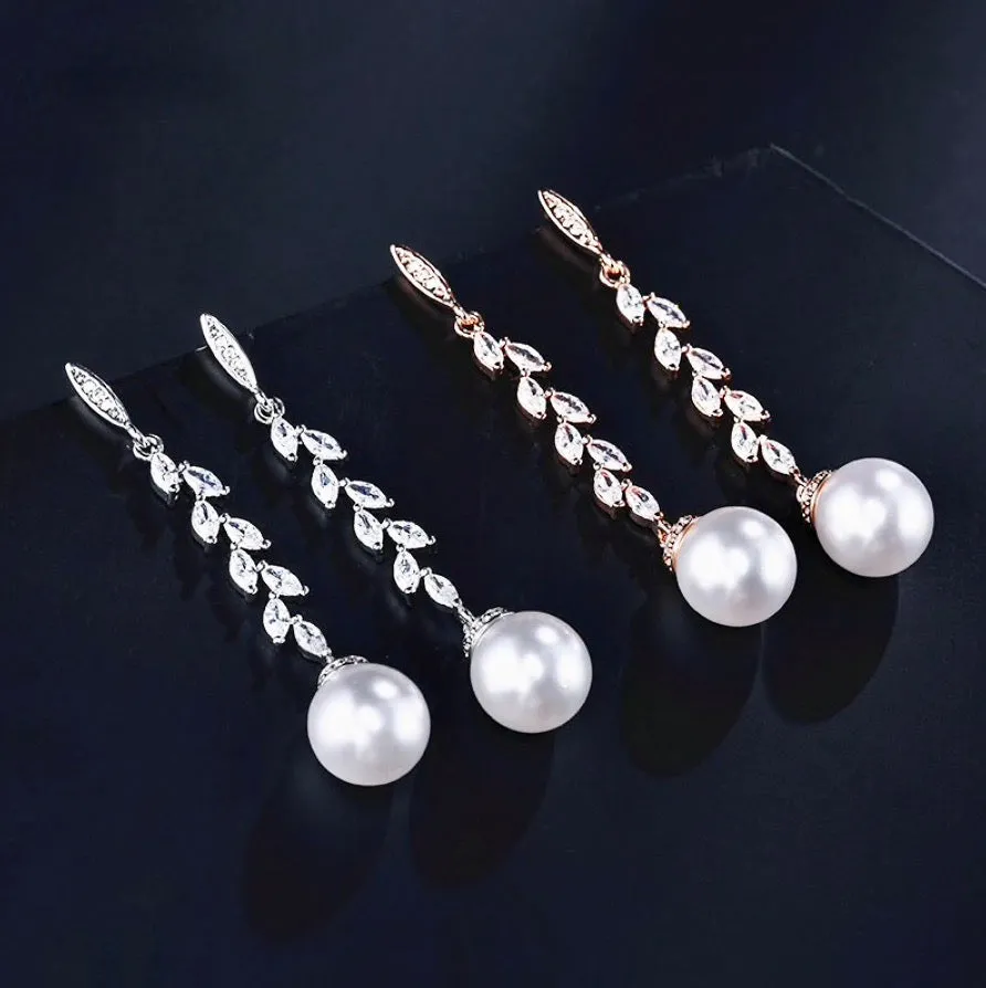 "Ursula" - Pearl and Cubic Zirconia Bridal Earrings - Available in Silver and Rose Gold