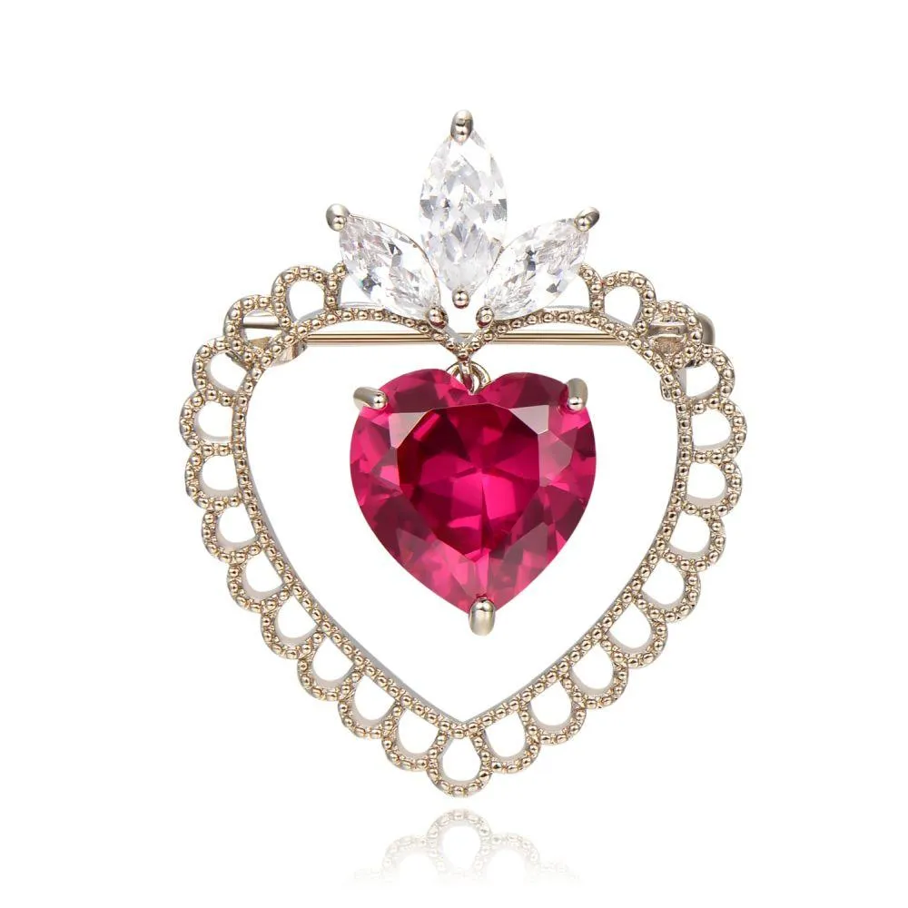 Red Cubic Zirconia Double Heart Brooch -KFJB0110