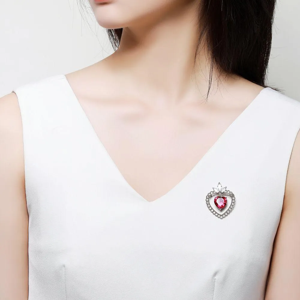 Red Cubic Zirconia Double Heart Brooch -KFJB0110